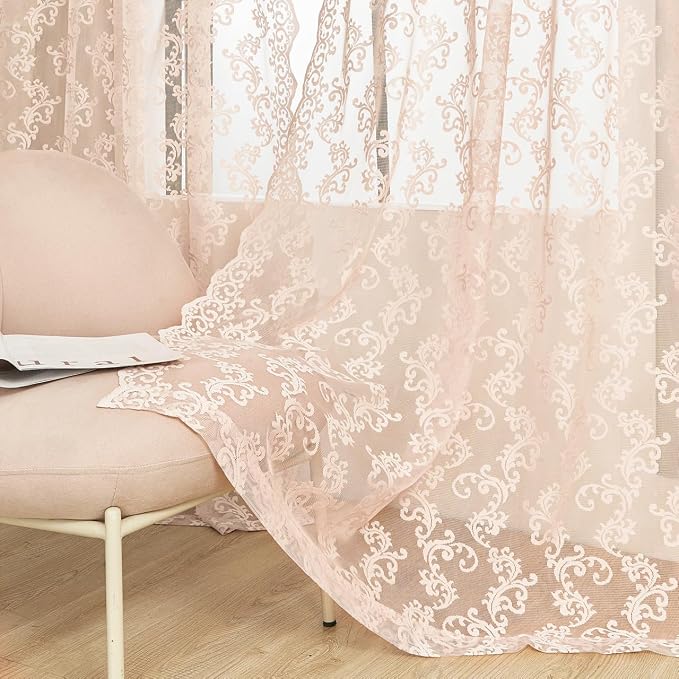 FOLKSIDE Blush Pink Lace Curtains 84 Inches Long 2 Panels Vintage French Floral - Image 3