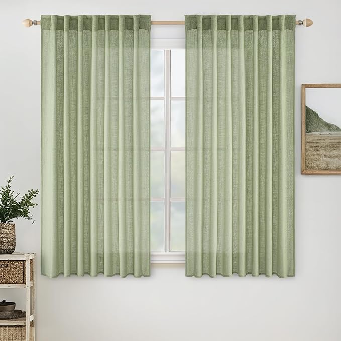 MIULEE Sage Green Linen Curtains 52x54 Inch Length 2 Panels by MIULEE