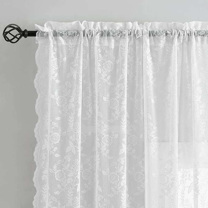 FINECITY White Lace Curtains for Bedroom Rustic Floral 52 x 63 Inch 1 Panel | - Image 3