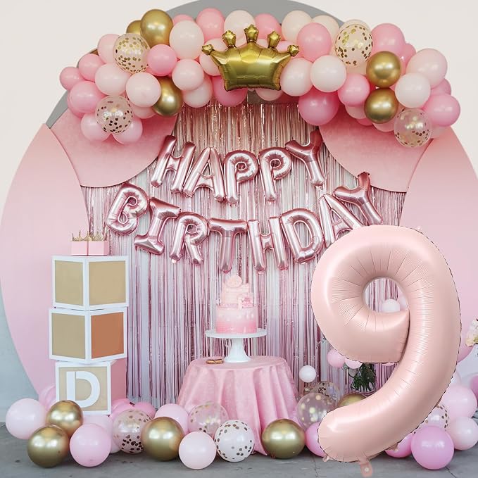 40'' Pink Number Balloon 9, Self Inflating Retro Dusty Pink Foil Number - Image 3