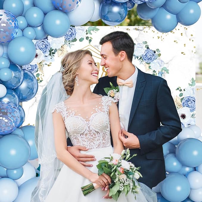 AIBIIN 7x5ft Blue Mr and Mrs Wedding Backdrop, Floral Hearts Geometric | Blue - Image 6