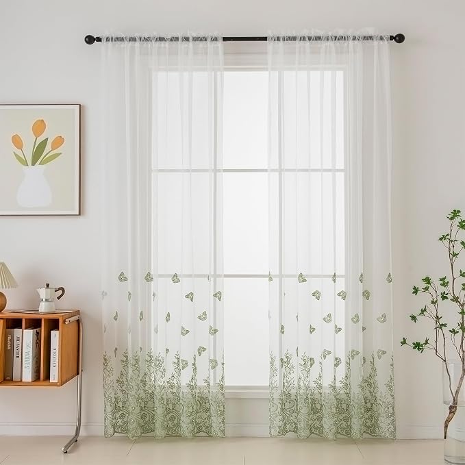 White Sheer Voile Curtains Green Embossed Butterflies 96 Inches | Light - Image 2