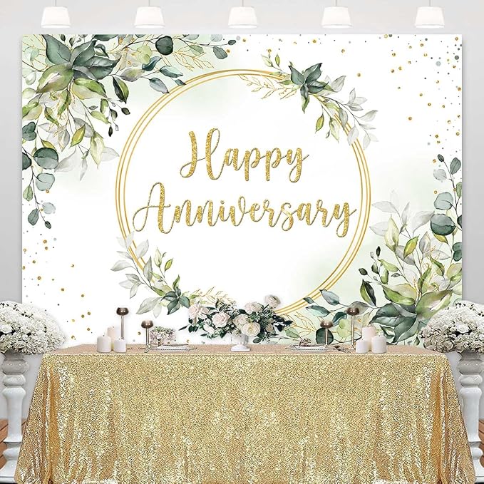 10x7ft Happy Anniversary Backdrop Sage Green Eucalyptus Wedding Anniversary - Image 2