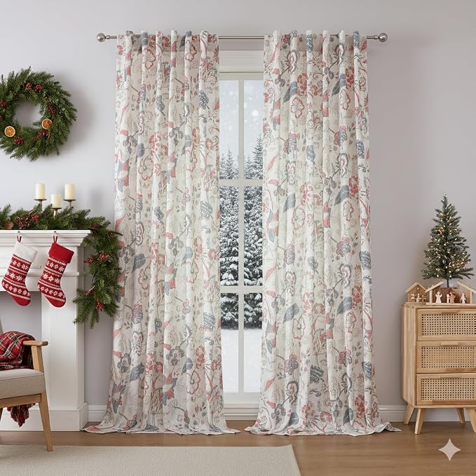Kayne Studio Navy Red Jacobean Floral Rod Pocket Semi Sheer Curtains 90Inch | - Image 8