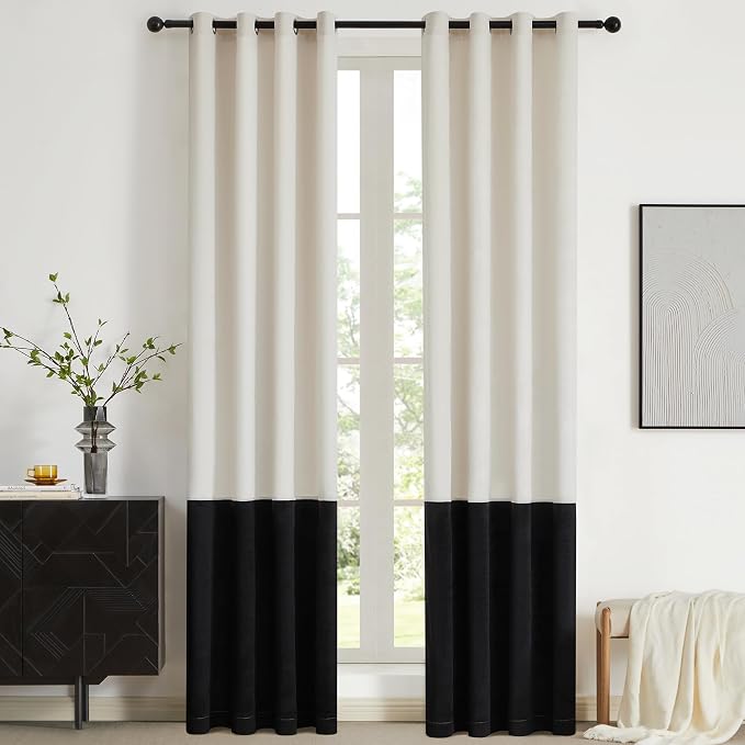 Modern Cream White Black Decorative Velvet Curtains 108 inches 2 Panels | Color by ModernShinyVelvetCurtains
