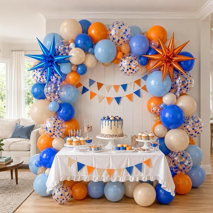 Blue and Orange Balloons, 12 Inch Orange Light Blue Nude Dark Blue Confetti - Image 8