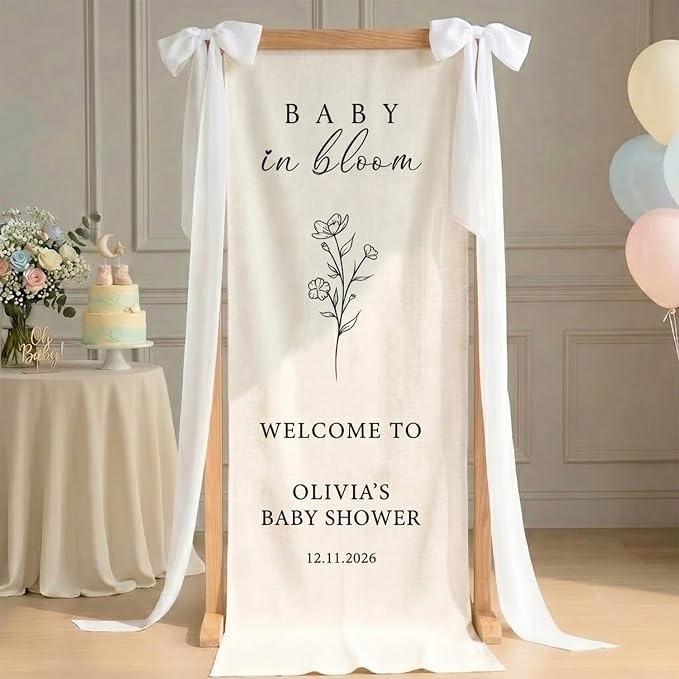 Personalized Baby in Bloom Baby Shower Fabric Welcome Sign Linen Backdrop | by Unknown