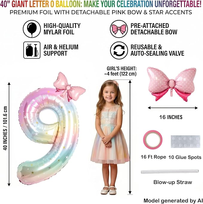 40" Giant Pastel Rainbow Number 19 Balloon Foil Pink Bow Decor Kit | - Image 2