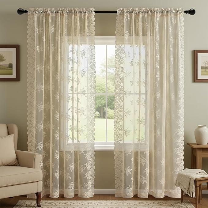 Kotile Beige Lace Curtains for Living Room Floral 52 x 80 Inch, 2 Panels | Rod - Image 2
