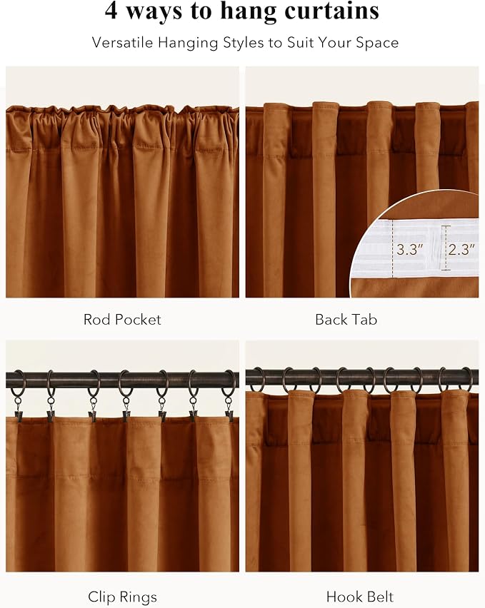 Burnt Orange Velvet Curtains Back Tab Boho Drapes, 300GSM Heavy Velvet - Image 2