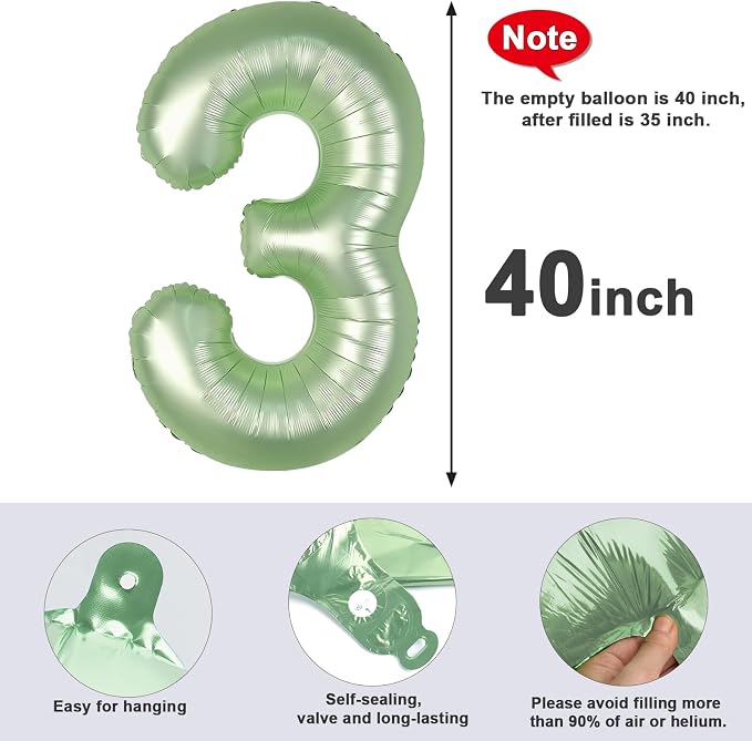 3 Balloon Numbers Birthday Decorations, 40In Sage-Green Balloons - Image 5