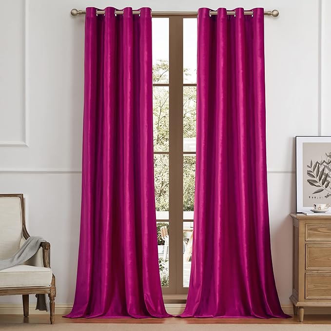 Hot Pink Velvet Blackout Curtains 120 inch by ModernShinyVelvetCurtains