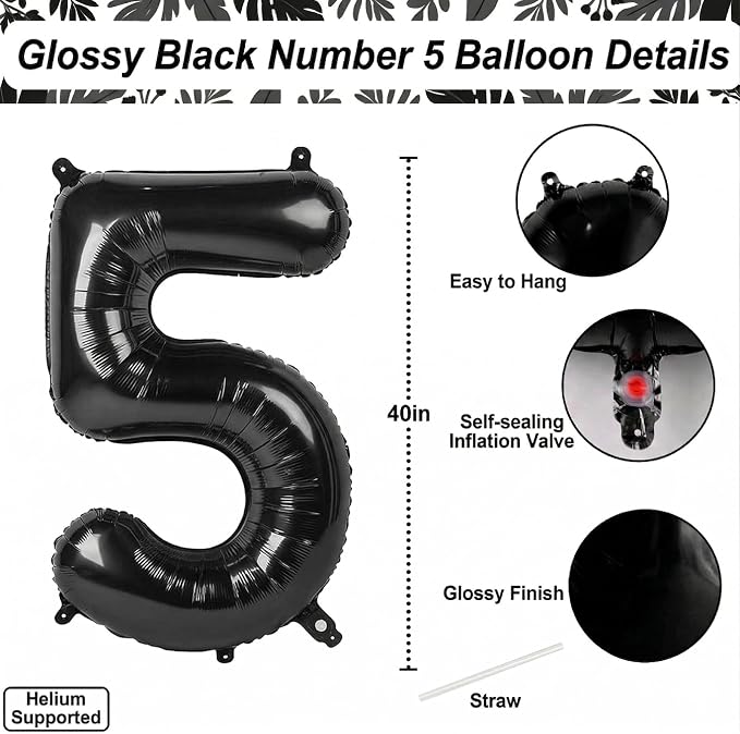 Black Number 5 Balloon 40 Inch, Glossy Foil Numeral - Image 4