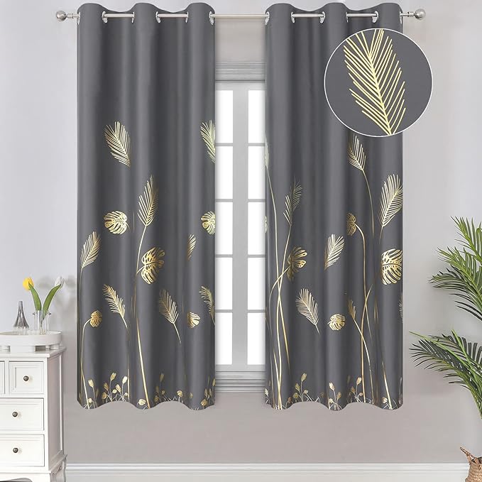 Dark Grey Blackout Curtains 63 inch Length 2 Panels, Wheat and Palm Tree by ESTELARTEXTILER
