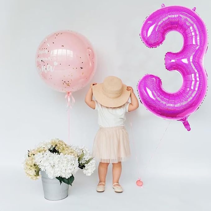 Hot Pink 3 Balloon, 40 Inch Large Laser Hot Pink Foil Helium Number Balloons 0-9 - Image 5