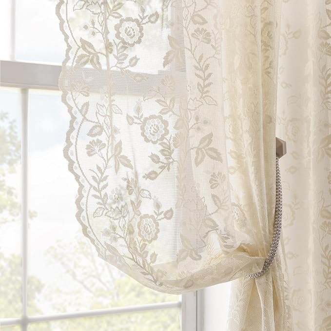 FINECITY Beige Lace Curtains Rustic Leaf Floral 42 x 84 Inch, 2 Panels | Rod by FINECITY