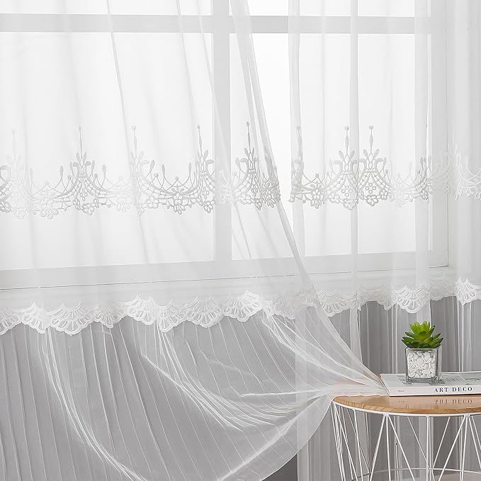 White Sheer Voile Curtains White Embossed European 54Wx63L Inch | Light - Image 4