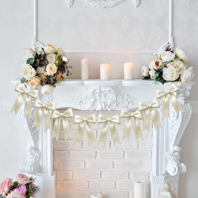 1 String of 8PCS Ivory White Bow Garland Banner Decoration, Pre-Strung Satin - Image 4