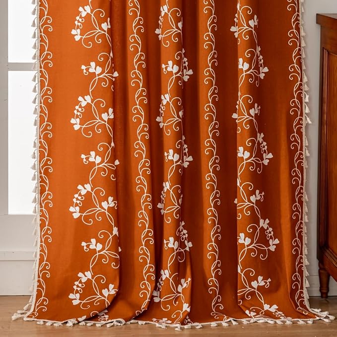 F-CHU Burnt Orange Floral Curtains Bohemian Drapes 72 Inch Length Cotton Linen - Image 5