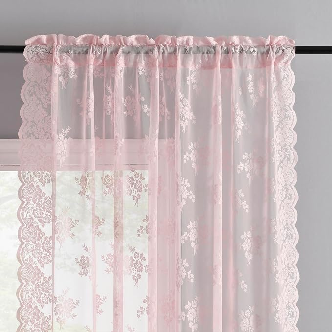 Kotile Pink Lace Curtains for Girls Bedroom Rustic Floral 2 * 42x84 Inch | Rod - Image 4