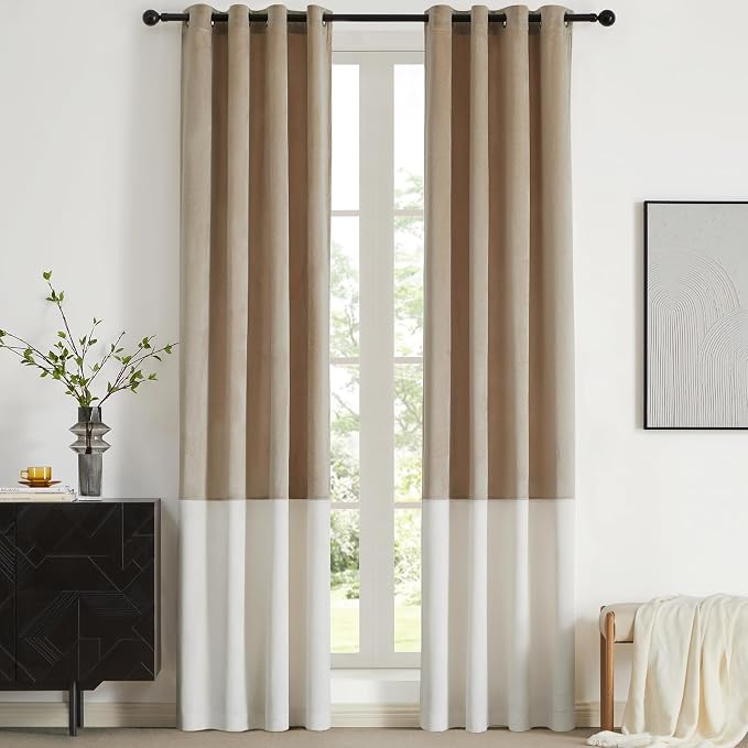 BULBUL Champagne Cream Ivory Color Block Window Curtains Panels 108 inches Long by ModernShinyVelvetCurtains