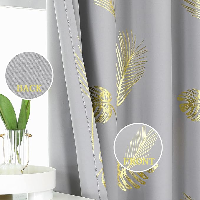 Light Grey Blackout Curtains for Living Room Gold Palm Tree Design Light - Image 3