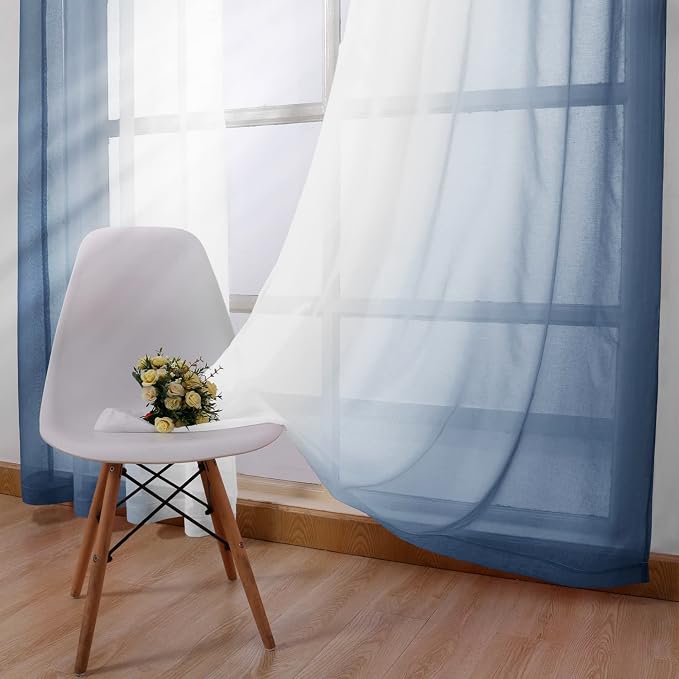 DWCN Blue Faux Linen Ombre Sheer Curtains - Image 3