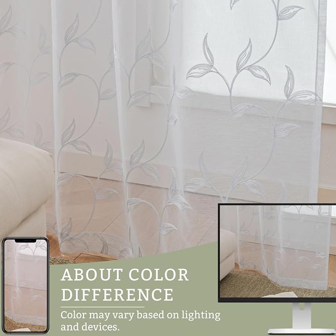 White Sheer Curtains Boho Leaf Floral Embroidered 54Wx96L | Light Filtering - Image 8