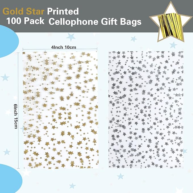 100 Pcs Star Printed 4"X6" Gift Wrap Cello Cellophane Treat Bags Party Favor - Image 2