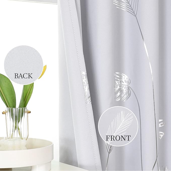 Greyish White and Silver Print Curtains 72 Inches Long Room Darkening Curtains - Image 3