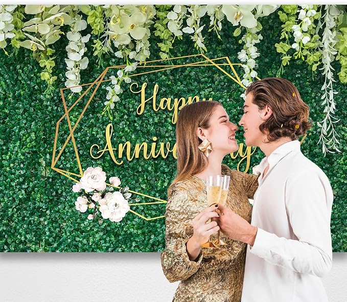 Happy Anniversary Banner Backdrop Decorations 5.9×3.6Ft | Green Leaves Wall - Image 2