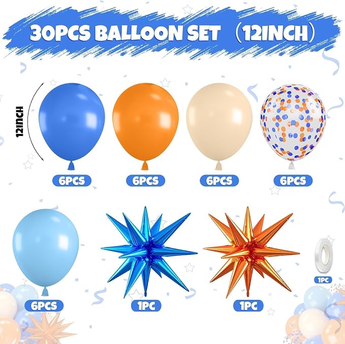 Blue and Orange Balloons, 12 Inch Orange Light Blue Nude Dark Blue Confetti - Image 2
