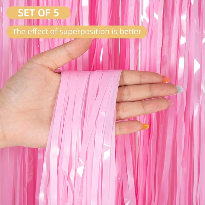 5 Pack Pink Foil Curtain Backdrop 3.2ft x 8.2ft Tinsel Foil Fringe Curtains - Image 2