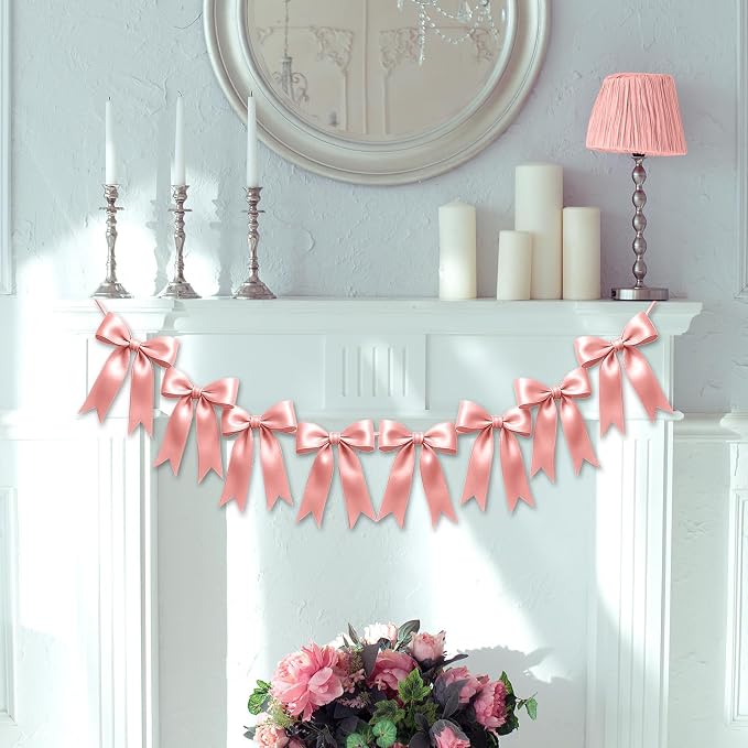 2 Strings of 16PCS Rose Gold Pink Bow Garlands Banner Decoration, Pre-Strung - Image 7