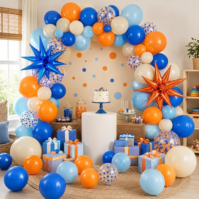 Blue and Orange Balloons, 12 Inch Orange Light Blue Nude Dark Blue Confetti - Image 5