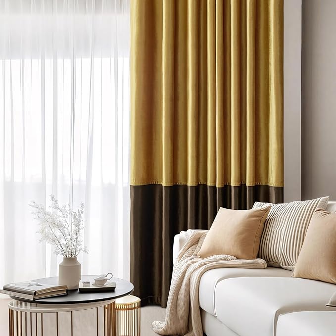 Brown Gold Velvet Blackout Curtains Luxury Decor 90 inches, Color Block | - Image 7