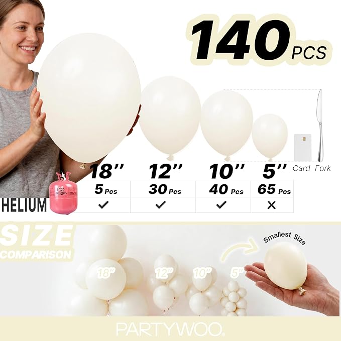 PartyWoo Beige Balloons 140pcs Cream Ivory Color 18 12 10 5 Inch | Balloons - Image 6