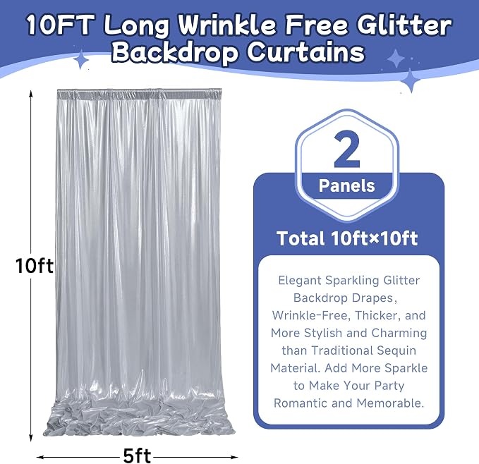 10ftx10ft Sequin Silver Backdrop Curtain Panels - Image 4