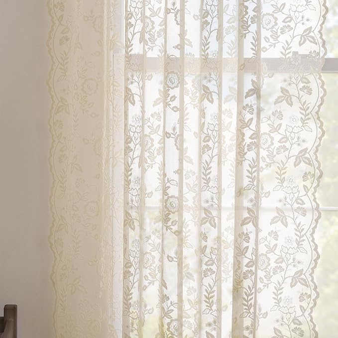 FINECITY Beige Lace Curtains for Bedroom Rustic Floral 52x63 Inch, 2 Panels | - Image 6