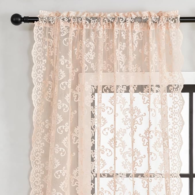 FOLKSIDE Blush Pink Lace Curtains 84 Inches Long 2 Panels Vintage French Floral - Image 4