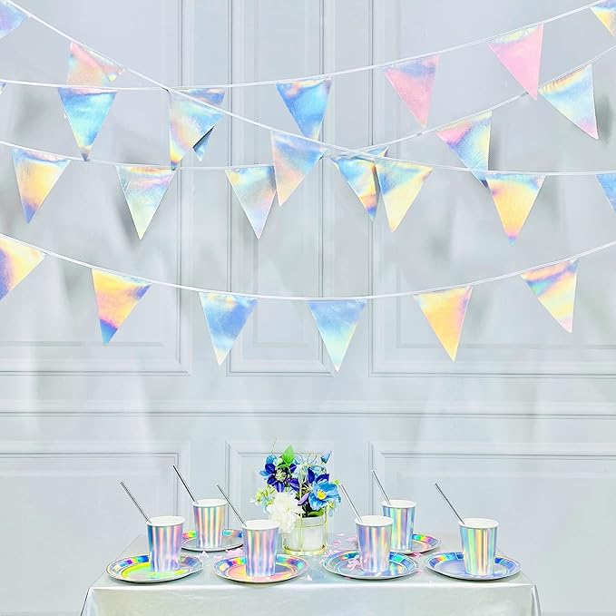 33Ft Iridescent Party Decoration Holographic Fabric Triangle Pennant Banner by pinkblume