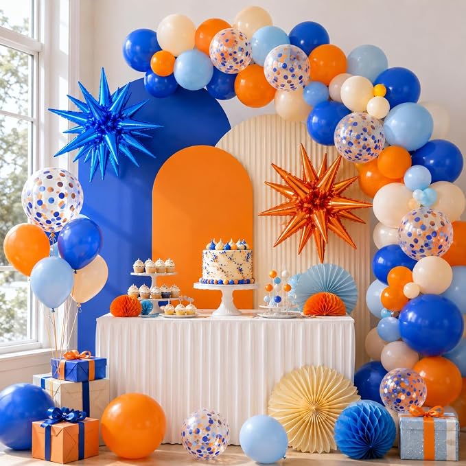 Blue and Orange Balloons, 12 Inch Orange Light Blue Nude Dark Blue Confetti - Image 6