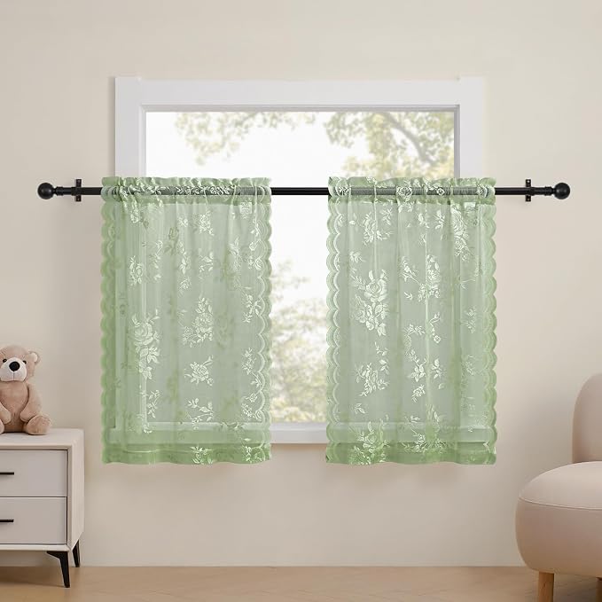 SEEKRIGHT Sage Green Lace Cafe Curtains 36 Inch Length Rod Pocket Privacy Sheer by SEEKRIGHTHomeDecor