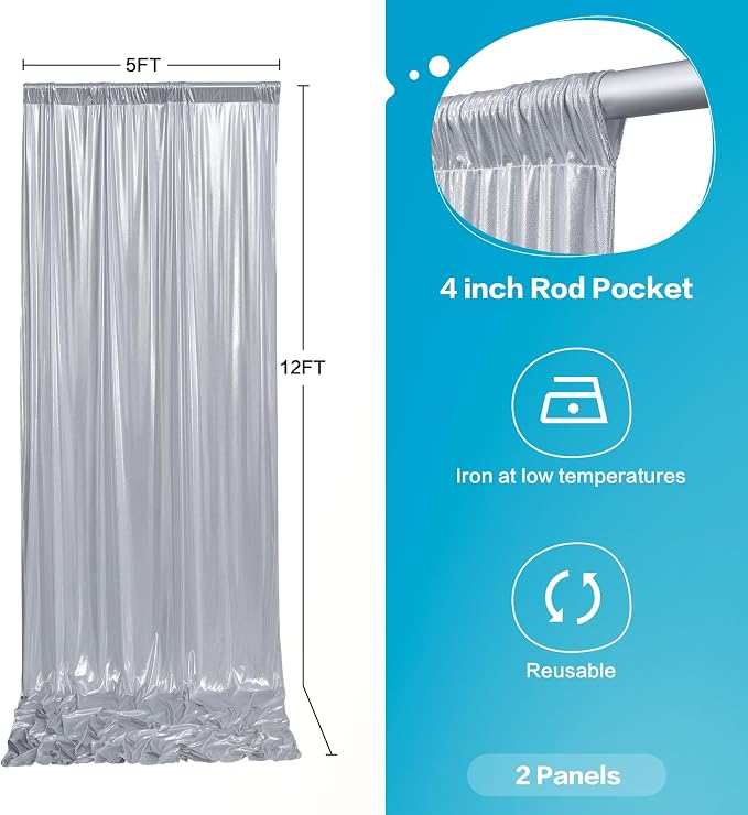 gogoparti Silver Backdrop Curtain 20x12FT 4 Panels Metallic Shine Fabric - Image 5