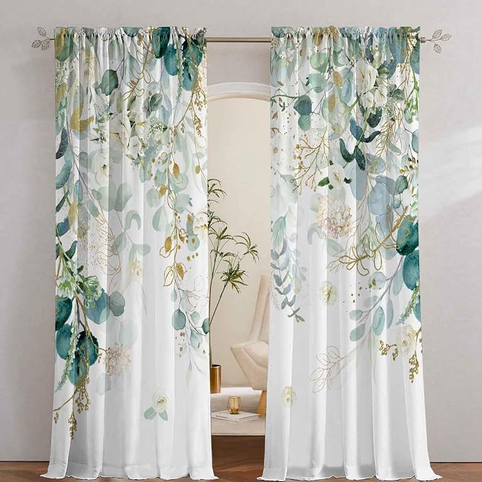 Gold Green Curtains 84 Inches Long Sage Green Leaves Light Filtering Curtain - Image 2