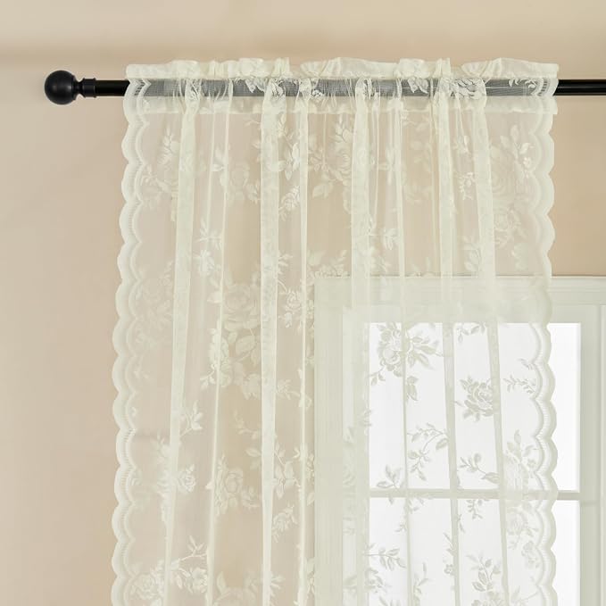 SEEKRIGHT Ivory Lace Curtains 63 Inch Length 2 Panels Victorian Floral Sheer - Image 4