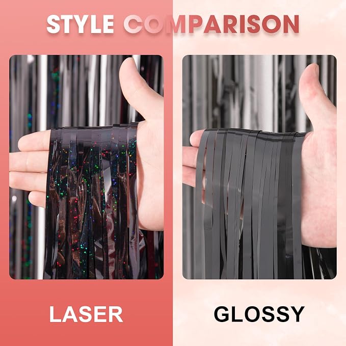Voircoloria Laser Black Foil Fringe Backdrop Curtains, 3 Pack | Tinsel Streamers - Image 3