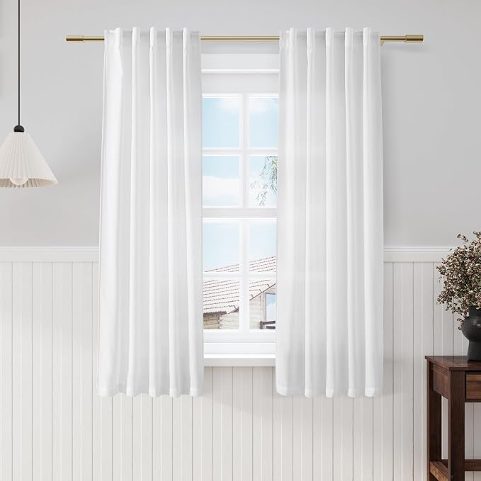 White Short Linen Curtains 60 inches Long 2 Panels Set Back Tab Rod Pocket by Nanspring