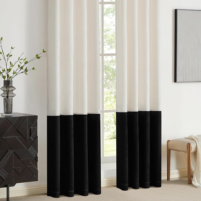 Modern Cream White Black Decorative Velvet Curtains 108 inches 2 Panels | Color - Image 4