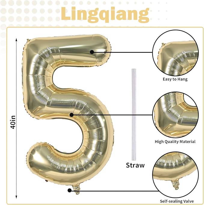 Champagne Gold Balloon Number 5, 40 Inch Large Self Inflating Foil Number - Image 2